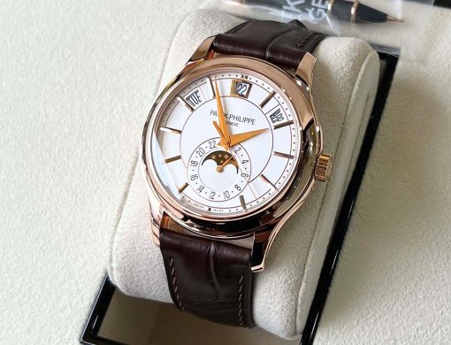 PATEK PHILIPPE Annual Calendar Opaline White Dial Brown Leather Men’s Watch Item No. 5205R-001