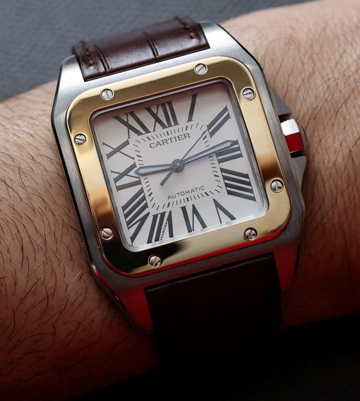 CARTIER Santos 100 XL Two Tone Gold Steel White Leather Automatic 3774 W20072X7