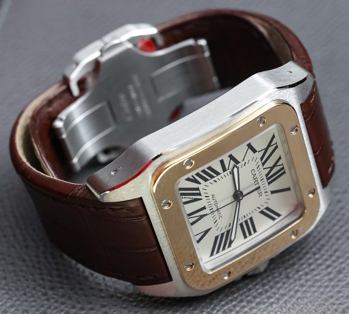 CARTIER Santos 100 XL Two Tone Gold Steel White Leather Automatic 3774 W20072X7