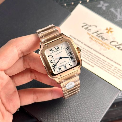 CARTIER Santos Automatic Silver Dial 18kt Rose Gold Medium Watch Item No. WGSA0008