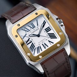 CARTIER Santos 100 XL Two Tone Gold Steel White Leather Automatic 3774 W20072X7