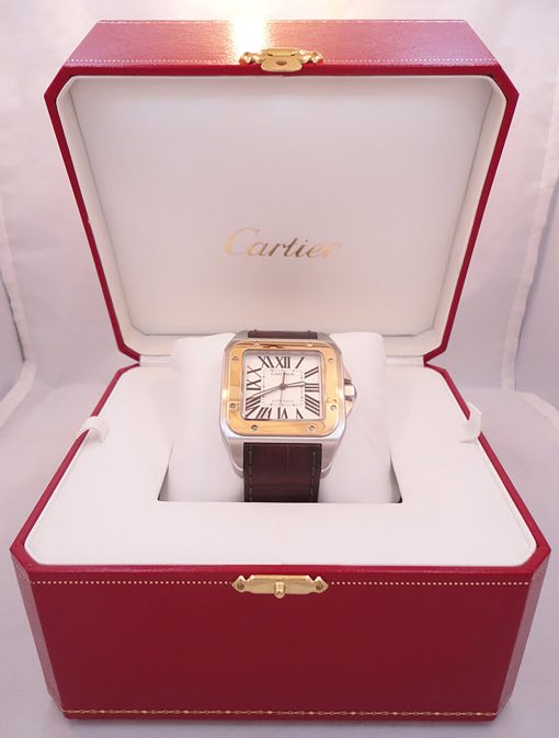 CARTIER Santos 100 XL Two Tone Gold Steel White Leather Automatic 3774 W20072X7