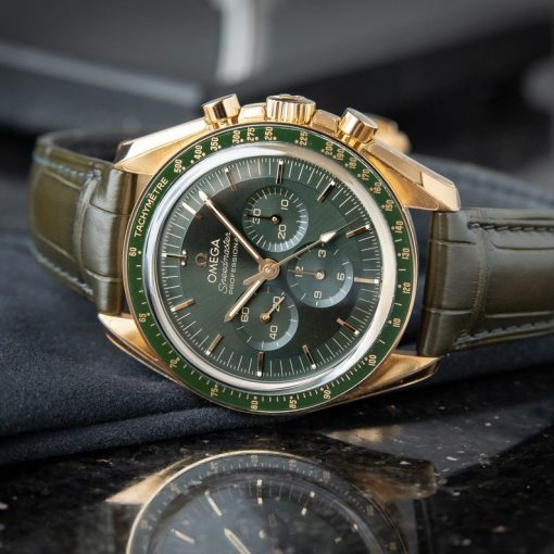 Omega Speedmaster Professional Moonwatch Moonshine Chronograph Gold Green Leather 42mm