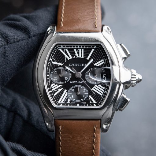 Cartier Roadster XL Chronograph Steel Black Dial Leather Strap Automatic