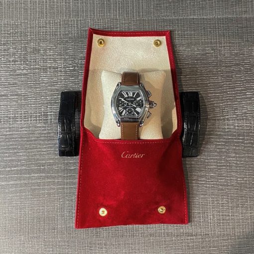 Cartier Roadster XL Chronograph Steel Black Dial Leather Strap Automatic