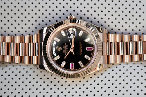 Rolex Day-Date 41mm Rose Gold Factory Ruby Baguette Black Dial Men’s Watch