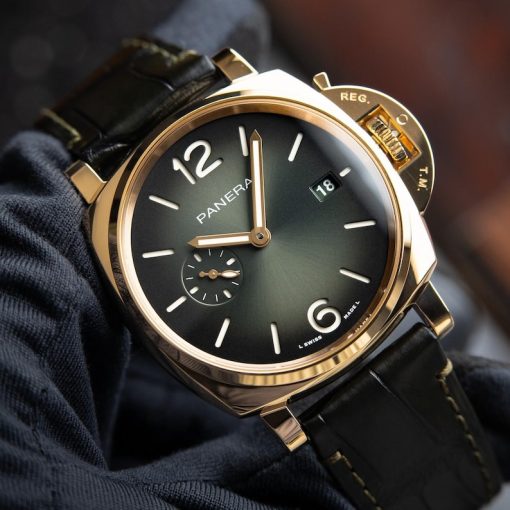 Panerai Luminor Due Yellow Gold Green Sunburst Automatic Pam1423 42mm