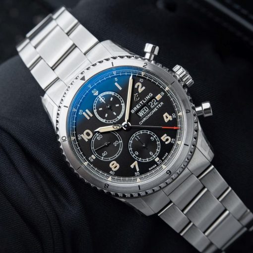 Breitling Aviator 8 UNWORN Chronograph Day Date Black Dial Steel Bracelet 43mm