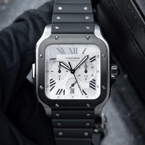 Cartier Santos De Cartier XL Large Chronograph ADLC Steel Silver Dial Set 43.3mm