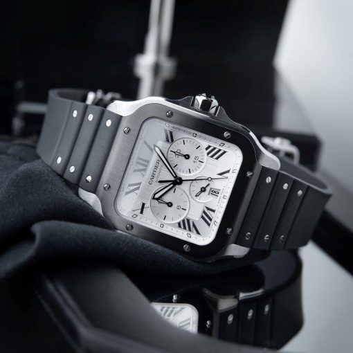 Cartier Santos De Cartier XL Large Chronograph ADLC Steel Silver Dial Set 43.3mm
