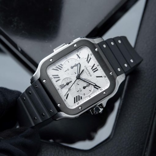 Cartier Santos De Cartier XL Large Chronograph ADLC Steel Silver Dial Set 43.3mm